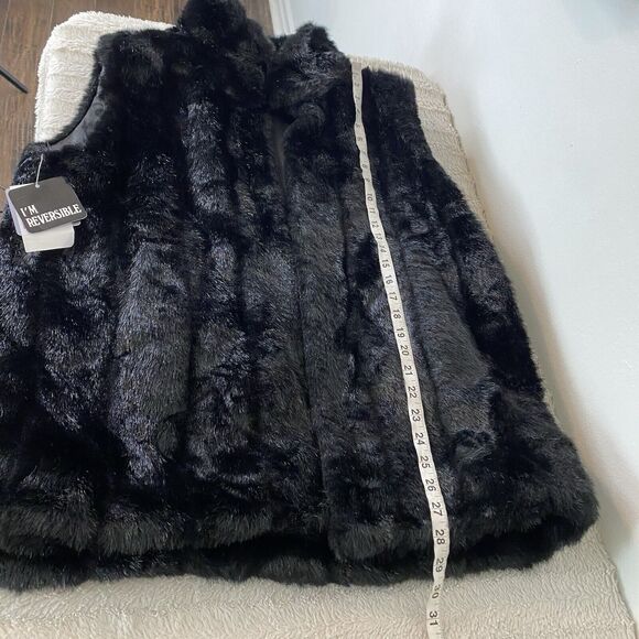 Suzanne Somers Black Faux Fur Reversible Vest Open Front Pockets Women’s Medium - Picture 14 of 14